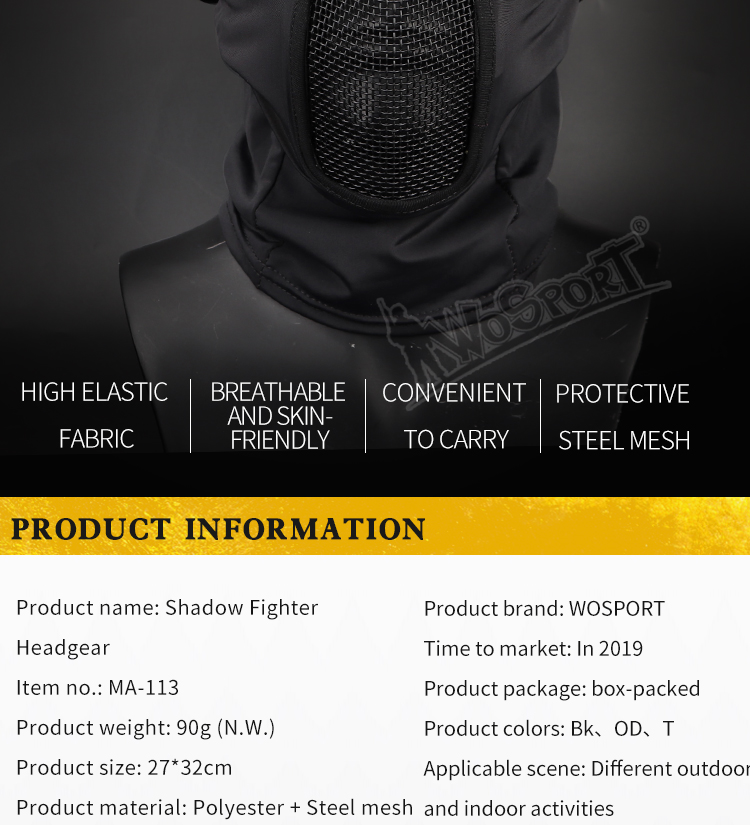 WoSport Shadow Fighter Headgear Balaclava with Steel Mesh